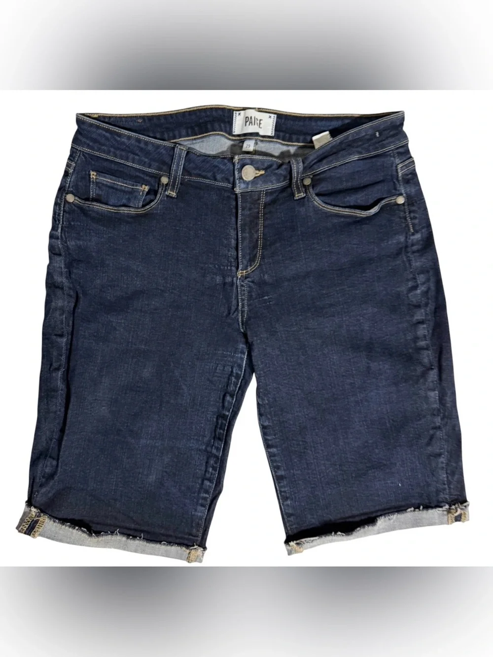 PAIGE Women’s Bermuda Denim Short Size 29 Dark Wash Stretch Cuffed Raw Hem Jorts